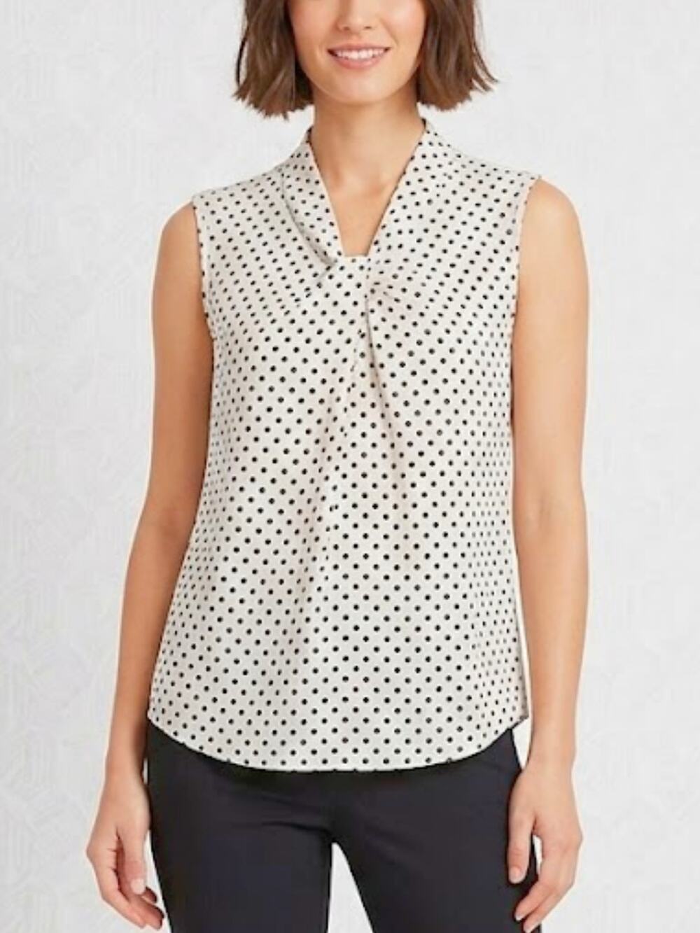 TOMMY HILFIGER Cream & Black Polka Dot Twist Neck Sleeveless Blouse, L